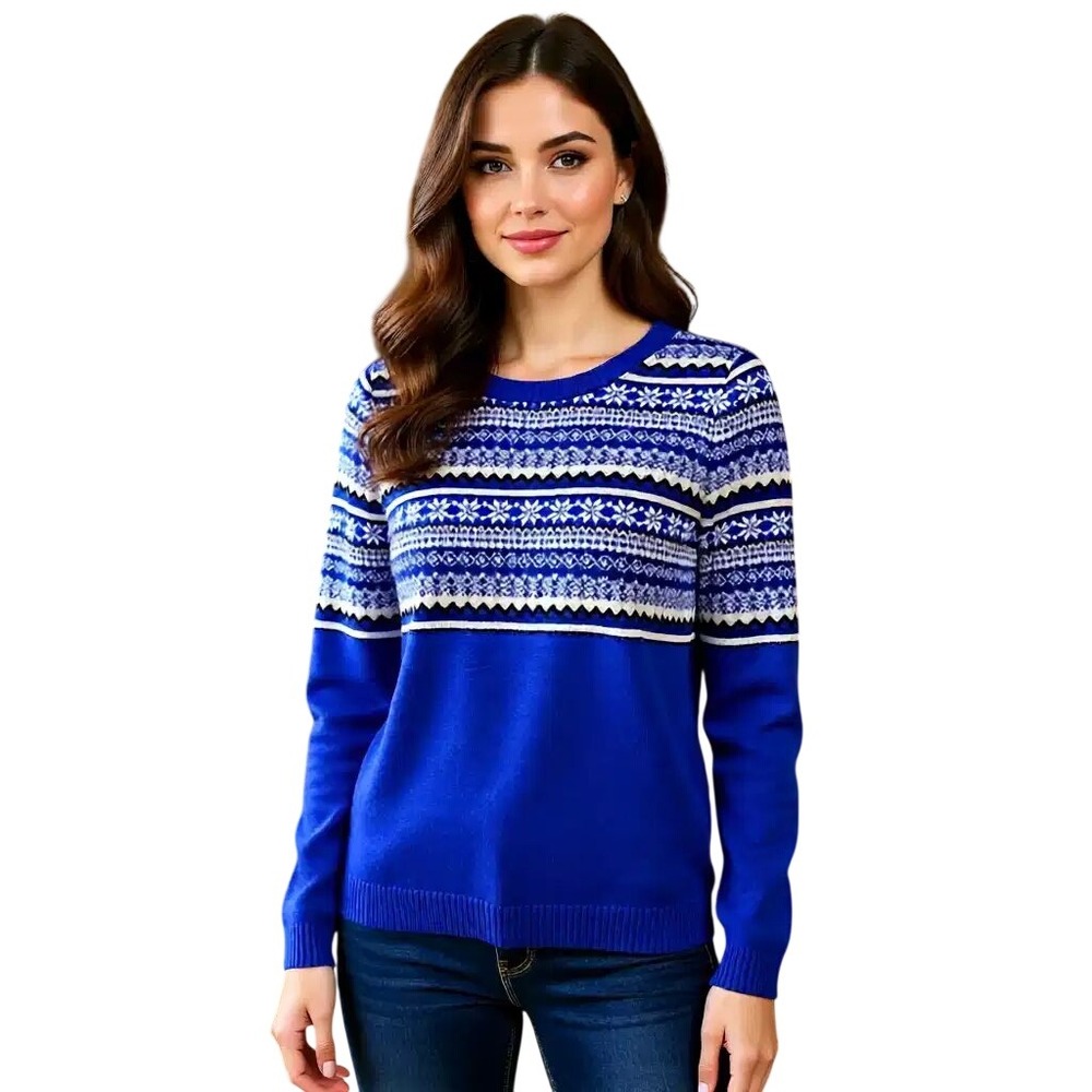 Rue21 Womens Blue Snowflake Fair Isle Crew Neck Long Sleeve Sweater Top L NWT
